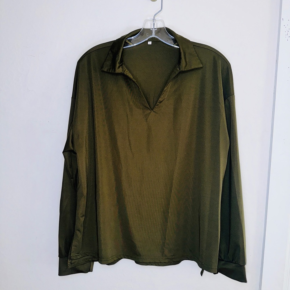 Olive Green 2 Piece Lounge Set Long Sleeve Polo Top Wide Leg Pants XL